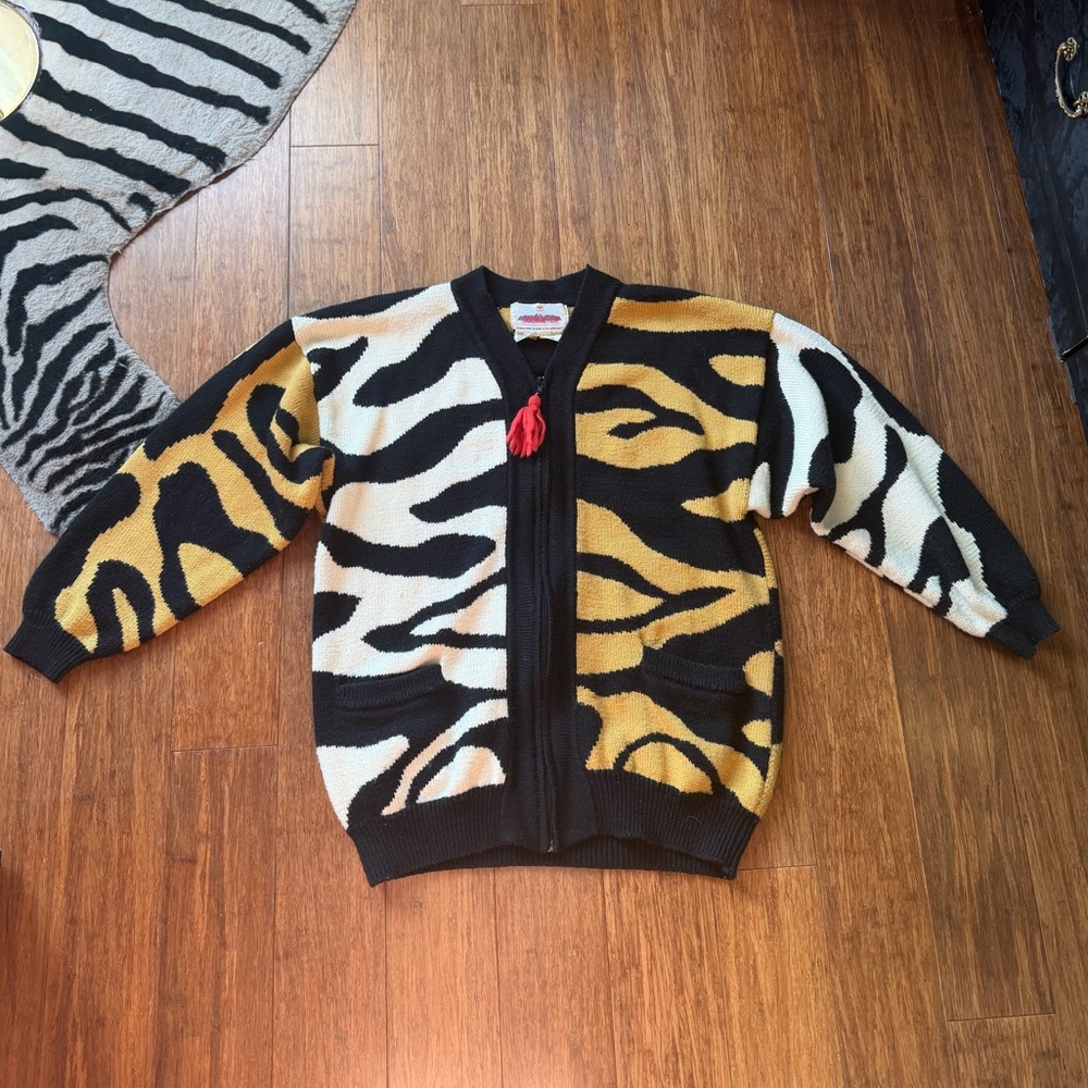 Vintage 80s obermeyer print block color block Animal Print zip-up sweater Jacket